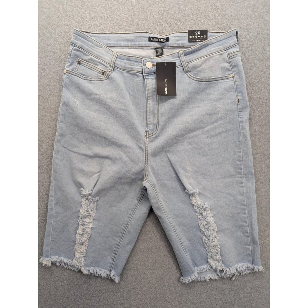 Fashion Nova Shorts Womens 2X Light Blue Kassidy Distressed Bermuda Denim NWT